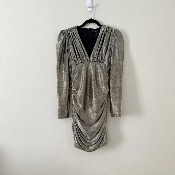 NWT BCBGMAXAZRIA Ruched Long Sleeve Metallic Cocktail Mini Dress Small - Picture 2 of 7